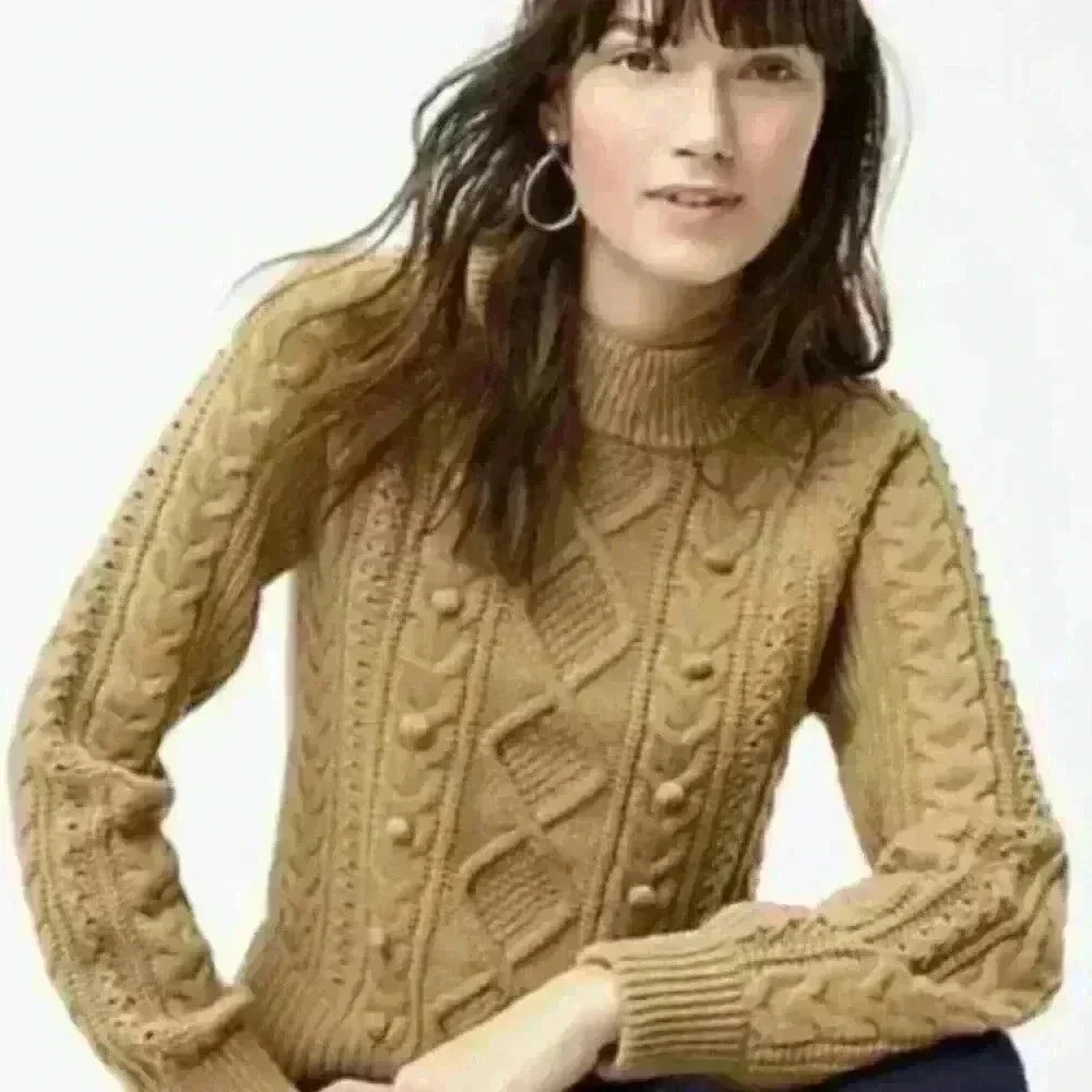 J. Crew Wool Blend Azra Pom Pom Cable Knit Mock Neck Sweater Size Medium preppy